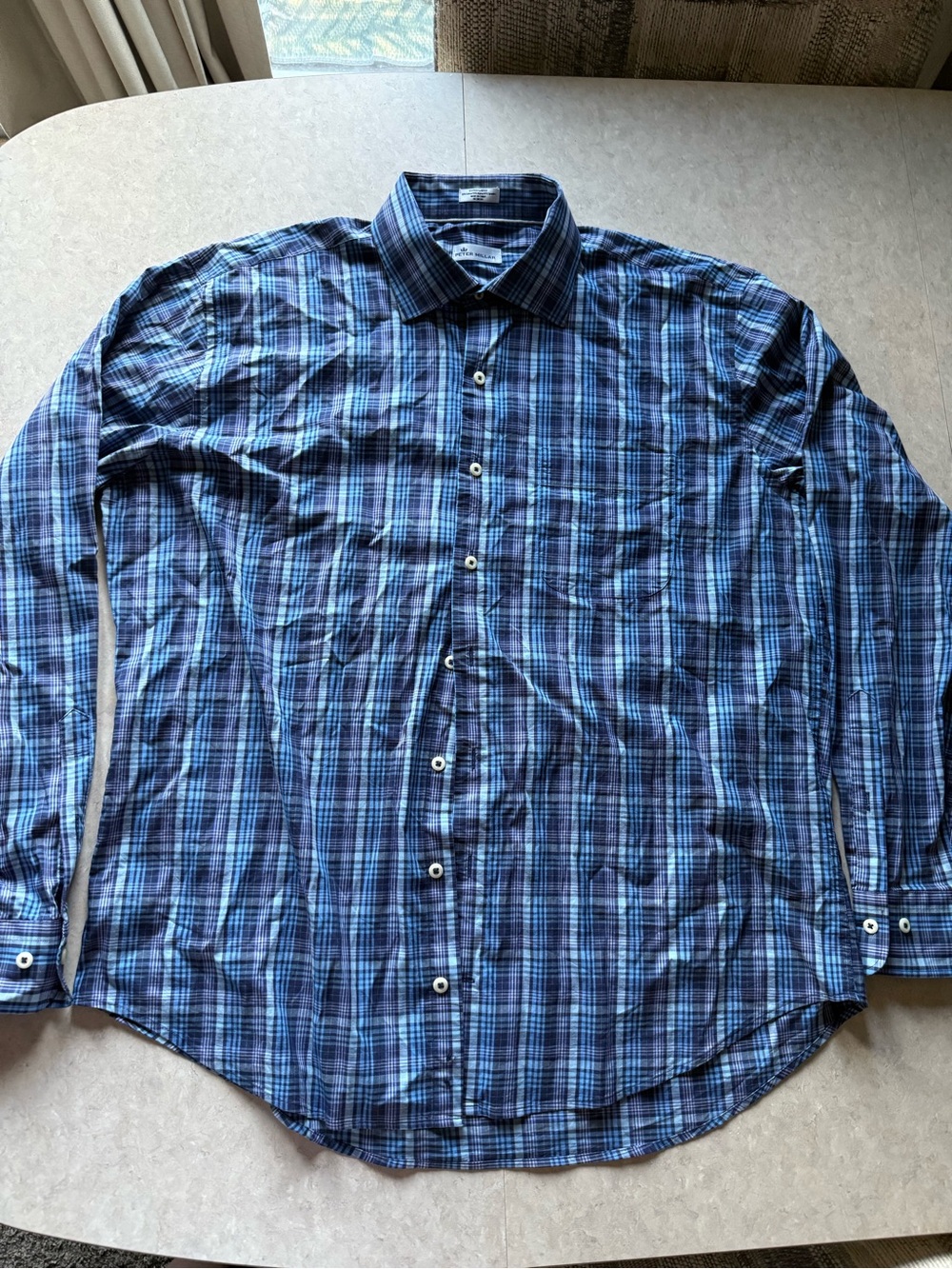 Peter Millar Navy and Light Blue Plaid Button-Down Shirt